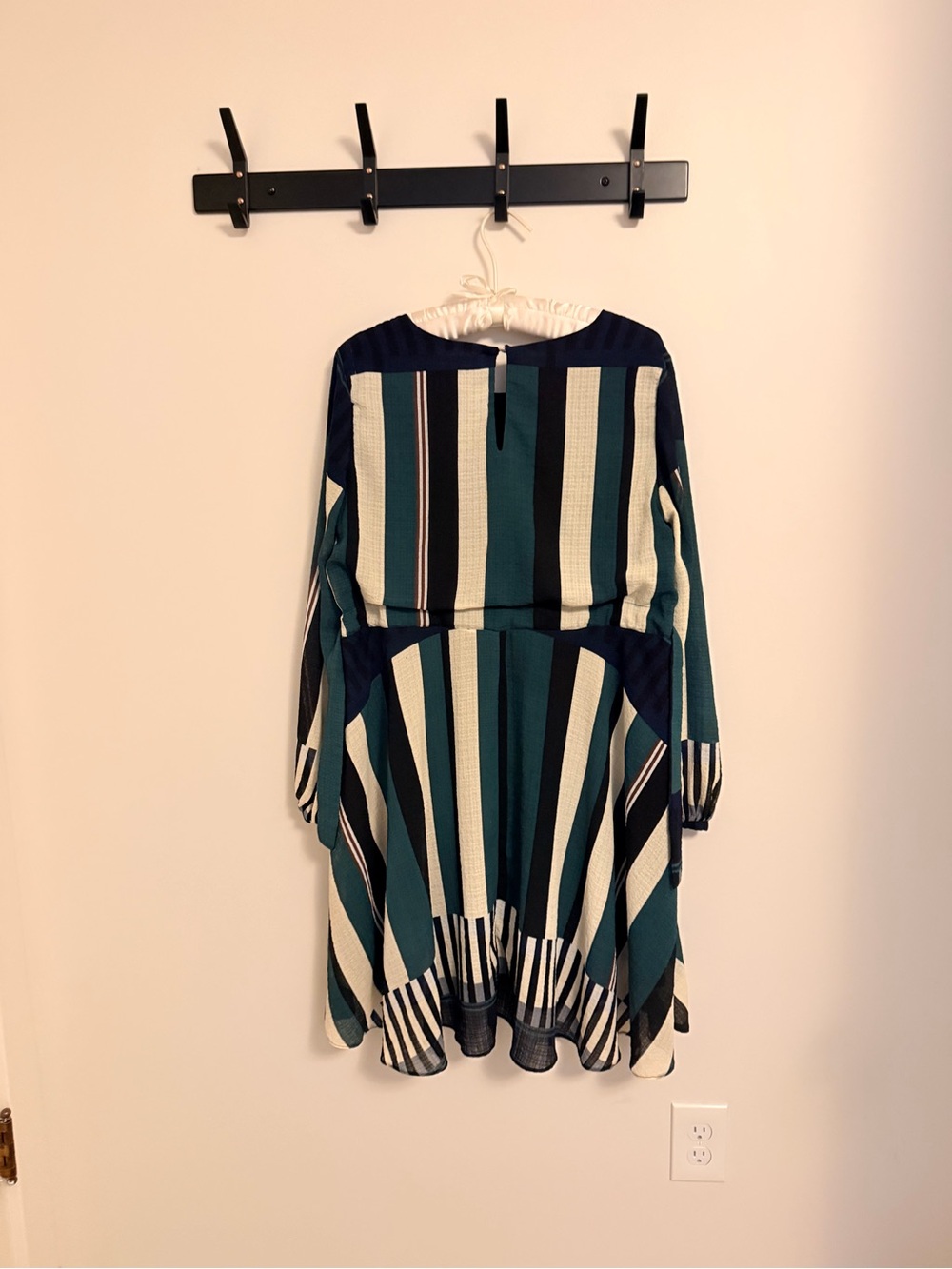 Sunday in Brooklyn Teal, Navy, Cream, Black Striped Long-Sleeve Waist-Tie Dress - Picture 2 of 5